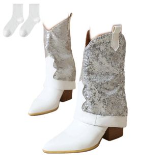 Generic Womens Western Ankle Boots with Low Block Heel, Fashionable Mid-Calf Boots with Pointed Toe Design And Glitter Sequins, Comfortable Slip-On Boots for 