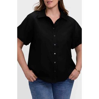 Foxcroft Paula Puff Sleeve Cotton Blend Button-Up Shirt in Black at Nordstrom, Size 1X