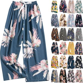 Generic Womens Pajama Bottoms Drawstring Elastic Waist Cropped Trousers Floral Printed Wide Leg Lounge Pants Casual Loose Fit Comfortable Sleep Pants for All 