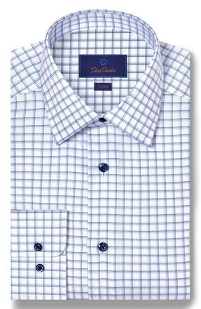 David Donahue Trim Fit Shadow Check Cotton Dobby Dress Shirt in White/Blue at Nordstrom, Size 16.5 - 34