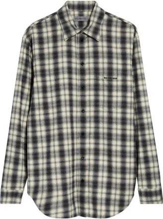 Balenciaga Regular Fit Check Cotton Flannel Button-Up Shirt in 9040 White/black at Nordstrom, Size 46