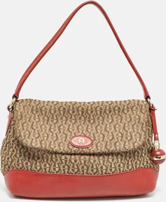 Aigner Beige/red Signature Canvas And Leather Logo Flap Shoulder Bag
