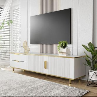 OEM Mobile Tv - Modello 175 Cm - 2 Cassetti E 2 Porte - Bianco E Oro - Effetto Marmo