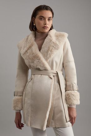 Karen Millen Womens Faux Shearling Collar & Cuff Belted Short Coat - White - Size 12 UK