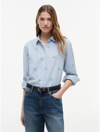 Tommy Hilfiger Womens Allover Monogram Linen-Blend Shirt - Blue - XL