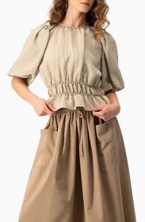 Ivonne Puff Sleeve Peplum, Cinched Waist Crinkle Blouse in Sand at Nordstrom, Size 10