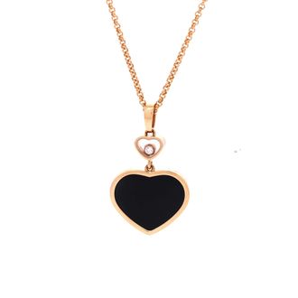 Chopard Happy Hearts Pendant Necklace 18K Rose Gold with Onyx and 1 Floating Diamond