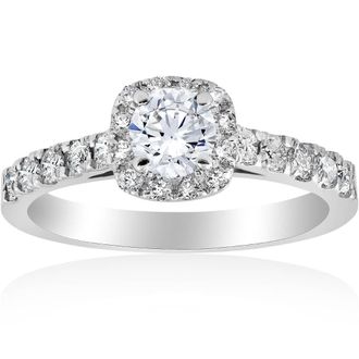 Pompeii3 1ct Cushion Halo Round Cut Diamond Engagement Ring 14K White Gold Size Selectable
