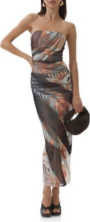 AFRM Marlo Ruched Strapless Mesh Body-Con Dress in Noir Leaf Lotus at Nordstrom, Size X-Large