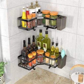 OEM Organizador De Ba&ntilde;o Triangular De Hierro, Dise&ntilde;o De Esquina, Para Montaje En Pared, 2 Niveles + 2 Cajas Organizadoras + 4 Ganchos, Negro, 27 X 27 X 6,
