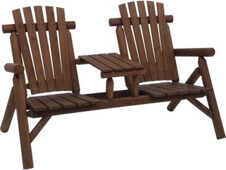OUTSUNNY Wood Patio Bench 2 Seats w/ Centre Coffee Table, Carbonized