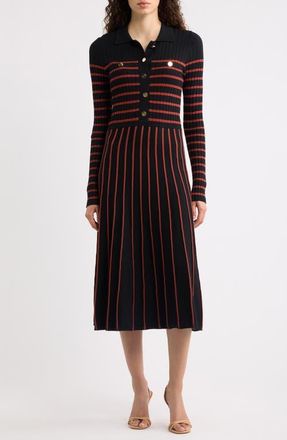 Elie Tahari The Elodie Long Sleeve Rib Maxi Dress in Noir/toasted Saffron Stripe at Nordstrom, Size X-Small