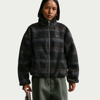 Nike Womens Nike Sportswear Oversized Plaid High-Pile Fleece Jacket in Black | IQ8268-010