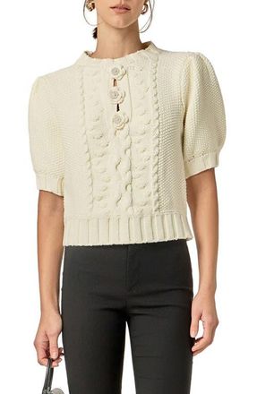 English Factory Cable Stitch Puff Sleeve Cardigan in Off White at Nordstrom, Size Medium