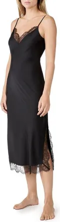 Etam Confidence Lace Trim Stretch Satin Chemise in Black at Nordstrom, Size Medium