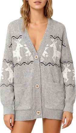 Generic Christmas Cardigans for Women UK Casual Reindeer Snowflakes Print Knitted Cardigan Long Sleeve V Neck Sweater Winter Warm Clothes with Pockets, Grey, 