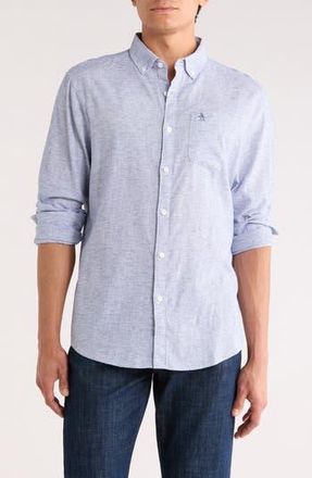 Original Penguin Stripe Stretch Linen & Cotton Button-Down Shirt in Mazarine Blue at Nordstrom Rack, Size Xx-Large