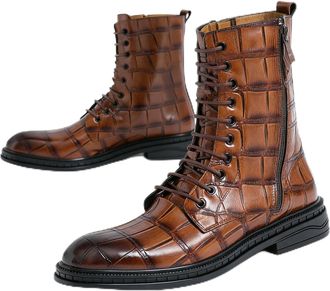 Generic Mens Lace Up Military Combat Boots with Side Zipper Round Toe PU Leather Short Boots Flat Heel Motorcycle Boot,Brown,8.5 UK