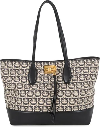 Ferragamo Beige Black Canvas Leather Handbag Pouch Tote Bag (Pre-Owned)