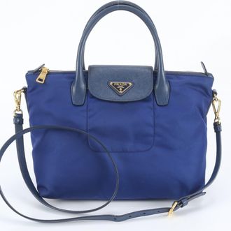 Prada Blue Leather Nylon Handbag Shoulder Bag Tote Bag (Pre-Owned)