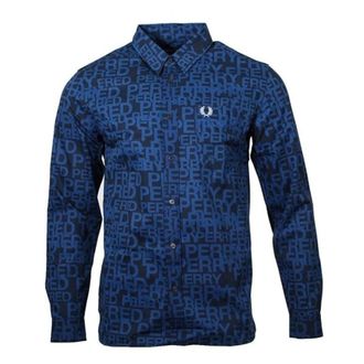 Fred Perry Mens All-Over Logo Shaded Cobalt Long Sleeve Shirt - Blue Cotton - Size Medium