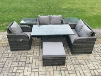Fimous 6 Seater Rattan Furniture Garden Dining Set Outdoor Height Adjustable Rising lifting Table Love Sofa Chair With Side Table in Dark Grey