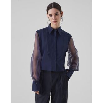 Brunello Cucinelli WomenS Night Sheer Sleeve Cotton Blend Shirt, Size L