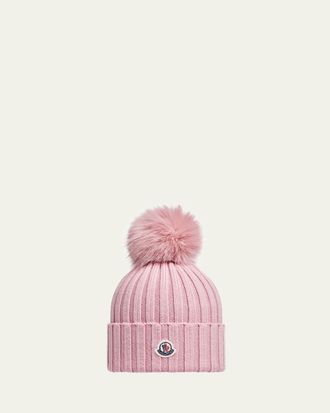Moncler Ribbed Wool Beanie with Faux Fur Pom