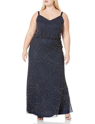 Adrianna Papell Womens Plus-Size Long Blouson Beaded Dress, Navy, 16W