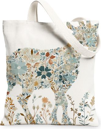 Generic Floral Deer Canvas Tote Bag, Elegant Flower Pattern Reusable Grocery Bags, Vintage Lightweight Washable Shoulder Strap Canv, White, 13x15 Inch