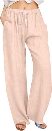 Generic Womens Cotton Linen Trousers Summer Casual Elastic Waist Drawstring Comfort Wide Leg Straight Pants Clearance Ladies Solid Full Length Yoga Fitness Sp