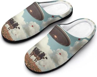 Generic Spaceship Cow Flying Over Flower Fields Slippers Men Winter Warm Cotton Anti-Slip Indoor Slip-Ons House Shoes