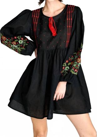 Velzera Floral Embroidered Peasant Mini Dress - Plus In Black