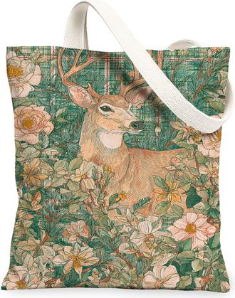 Generic Floral Deer Canvas Tote Bag, Vintage Plant Pattern Reusable Grocery Bags, Lightweight Washable Shoulder Strap Canvas Bags F, Green, 13x15 Inch