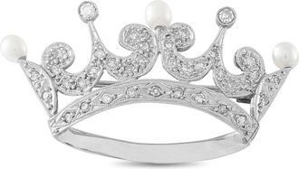Luxury Bazaar Antique 18K White Gold Old Cut Diamond and Pearl Crown Brooch MF06-091426