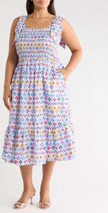 Sugarlips Kessa Geo Print Smocked Sleeveless Midi Dress in Light-Blue-Multi at Nordstrom, Size 2X