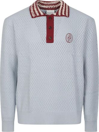Dr&ocirc;le de Monsieur Geborduurd Logo Lange Mouw Openwork Gebreide Poloshirt - Heren - Polos - Blauw - M - Katoen - Tops