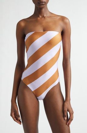 Zimmermann Indra Stripe One-Piece Bandeau Swimsuit in Lilac Tan Stripe at Nordstrom, Size 0