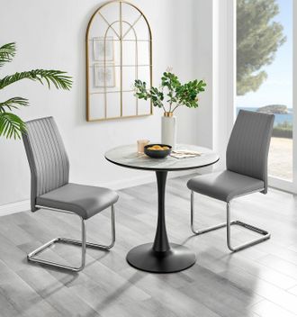 Furniturebox Elina White Marble Effect Scratch Resistant Dining Table & 2 Lorenzo Faux Leather Chairs in Grey