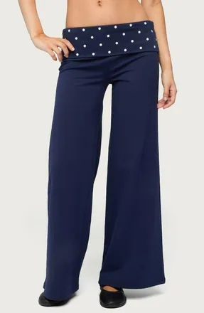 Edikted Reeva Polka Dot Foldover Wide Leg Pants in Navy at Nordstrom, Size X-Large