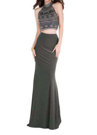 Alyce Paris Beaded Crop Two Piece Halter Gown In Moss