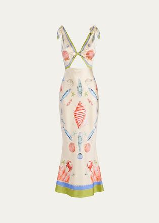 Retrof&ecirc;te Carlotte Seashell-Print Silk Satin Midi Dress