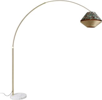 QAZQA Brass Arc Lamp with White Double Velvet Shade Leaf Design and Beige - xxl