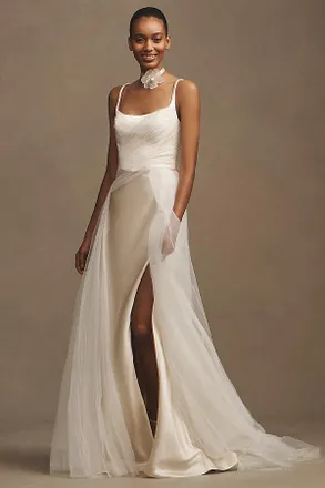 Watters Veronica Satin Square-Neck Chiffon-Overlay A-Line Wedding Gown