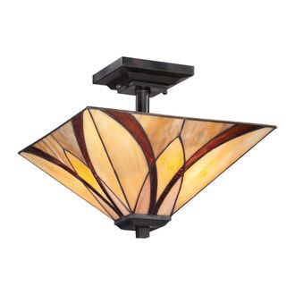 Netlighting Asheville 2 Light Semi Flush Ceiling Lamp Bronze Tiffany Glass E27