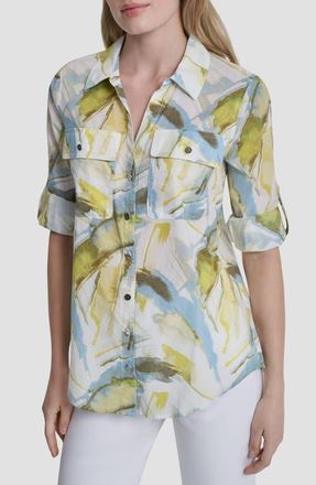 DKNY Printed Roll-Tab Cuff Cotton Button-Up Shirt in March Watercolor at Nordstrom, Size X-Large