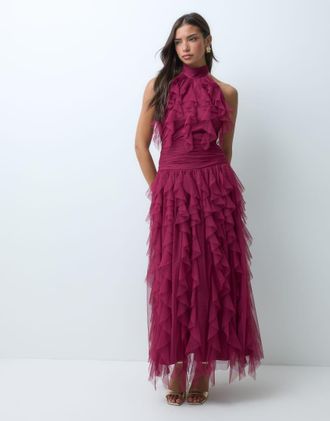 Lace & Beads abito lungo in tulle con collo allamericana e dettagli a volant, rosa scuro