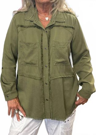 Multiples Fringe Button Down Shirt In Moss Green