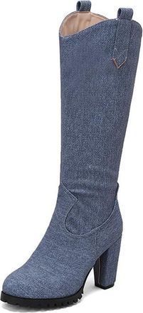 Generic Womens Fashion V-Cut Wide Calf Knee High Boots Round Toe Chunky High Heels Pull On Western Cowgirl Shoes (5.5,Deep Blue)
