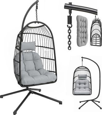 OUTSUNNY Silla Colgante Huevo Con Soporte, Cesta Plegable De Rat&aacute;n, Coj&iacute;n Grueso, Reposacabezas, Altura Ajustable, Para Interior Y Exterior, Gris
